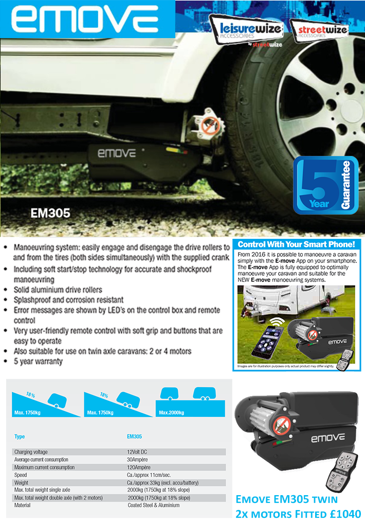The Emove EM305 caravan manoeuvring system by Leisurewize is a perfect entry level caravan mover for the budget conscious caravanner